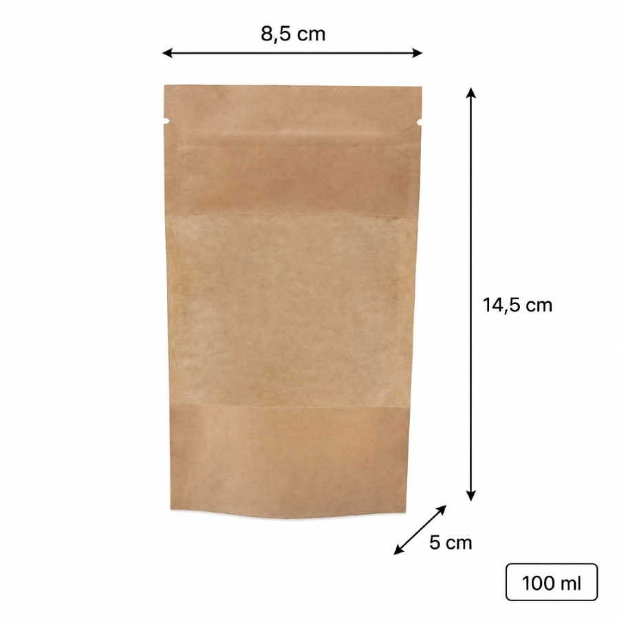 Doypack papierowy woreczek strunowy z okienkiem PE 100 ml 8,5 cm x 5 cm x 14,5 cm - 100 sztuk