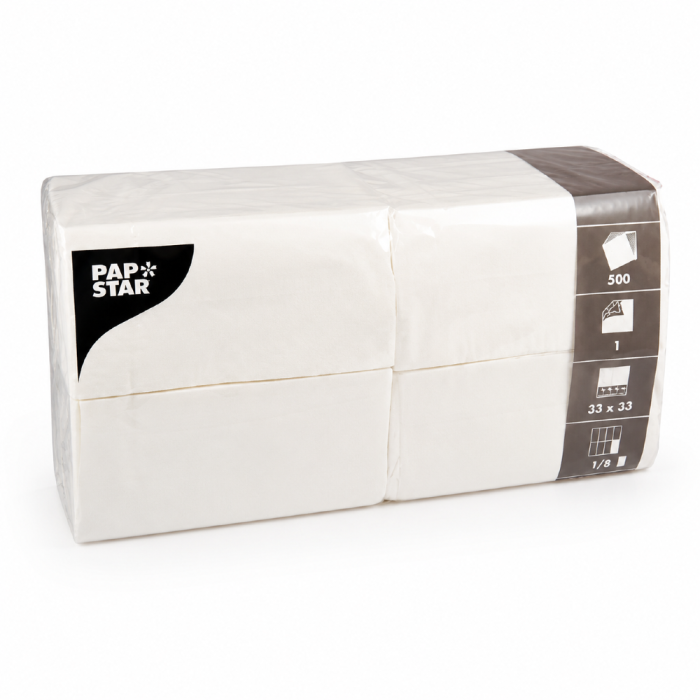 Serwetki papierowe jednowarstwowe białe 33 cm x 33 cm składane w 1/8 - 500 sztuk