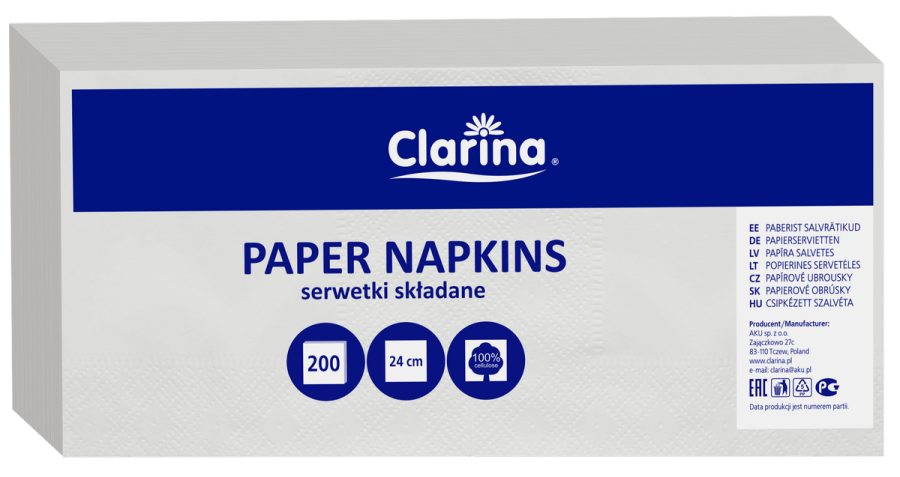 Serwetki papierowe 2W składane białe 24 cm x 24 cm - 200 sztuk