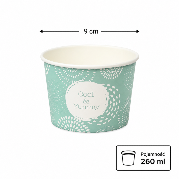 Pojemnik papierowy na lody z nadrukiem niebieski 260 ml fi 90 mm - 55 sztuk