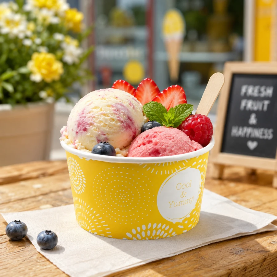 Pojemnik papierowy na lody z nadrukiem żółty 140 ml fi 80 mm - 50 sztuk