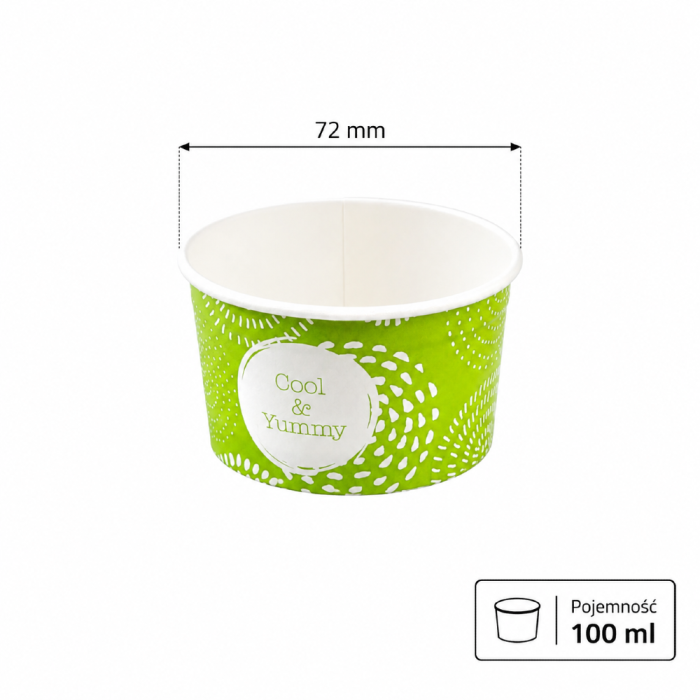 Pojemnik papierowy na lody z nadrukiem zielony 100 ml fi 72 mm - 65 sztuk