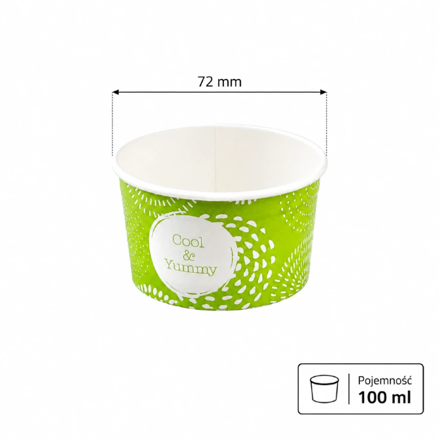 Pojemnik papierowy na lody z nadrukiem zielony 100 ml fi 72 mm - 65 sztuk