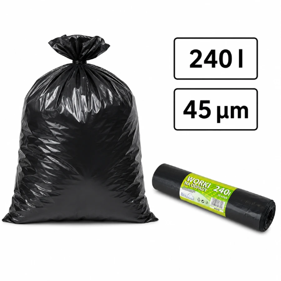 Worki na śmieci z folii LDPE 45 µm, 240 l czarne - 10 szt.