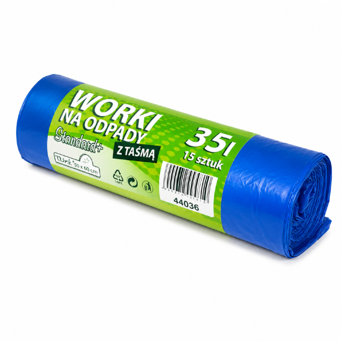 Worki na śmieci z folii LDPE z taśmą, 35 l niebieskie - 15 szt.