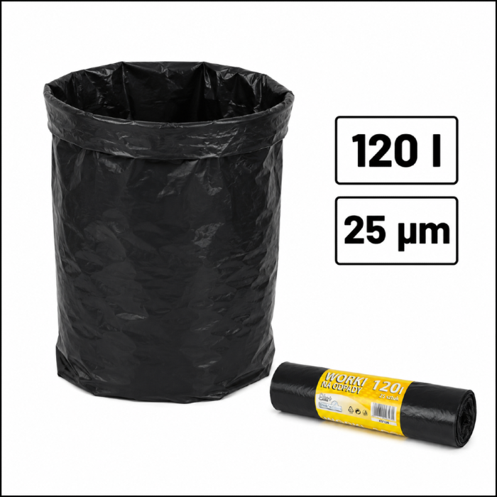 Worki na śmieci z folii LDPE 25 µm, 120 l czarne - 25 szt.