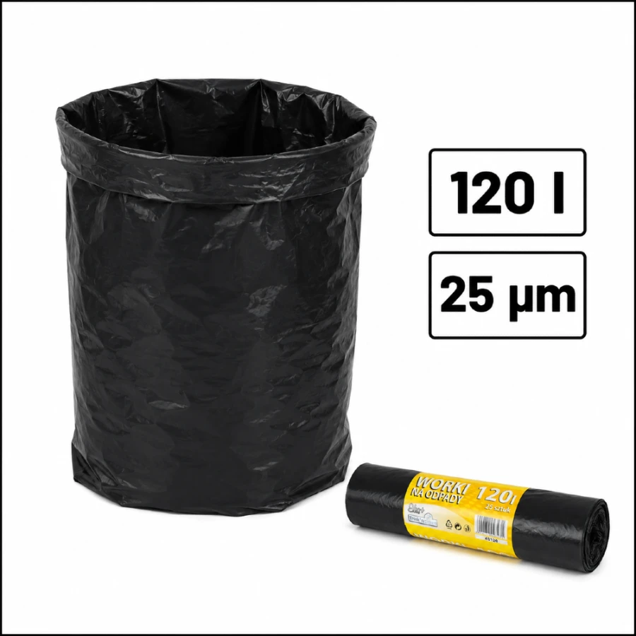 Worki na śmieci z folii LDPE 25 µm, 120 l czarne - 25 szt.