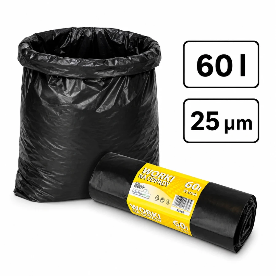 Worek na śmieci z folii LDPE 25 µm, 60 l - 50 sztuk