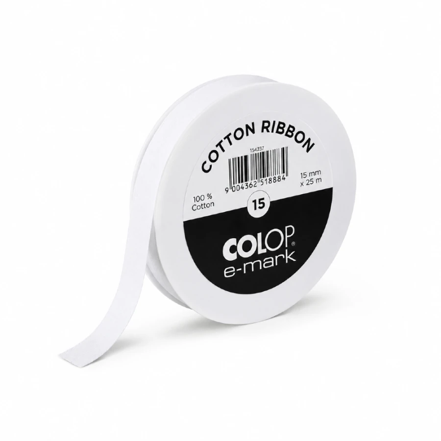 Tasiemka bawełniana biała do urządzeń COLOP E-mark - 15 mm x 25 m