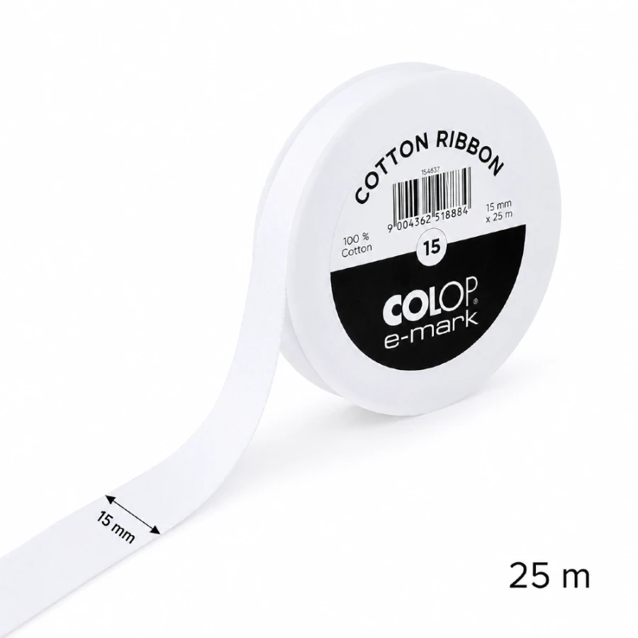 Tasiemka bawełniana biała do urządzeń COLOP E-mark - 15 mm x 25 m
