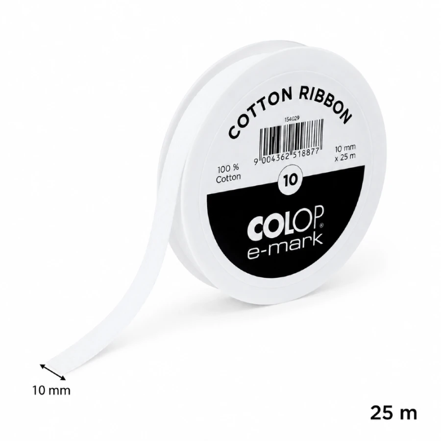 Tasiemka bawełniana biała do urządzeń COLOP E-mark - 10 mm x 25 m