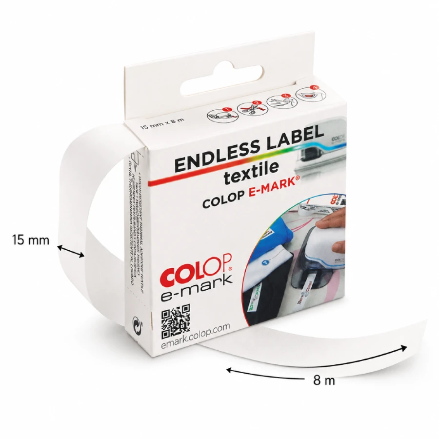 Etykieta w taśmie do odzieży pod nadruk urządzeniami COLOP E-mark - 15 mm x 8 m