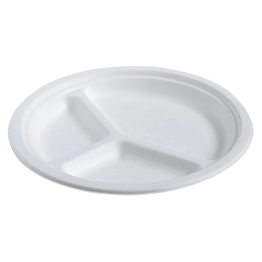 Talerz z trzciny cukrowej biały, okrągły, trójdzielny, fi 26 cm - 50 sztuk