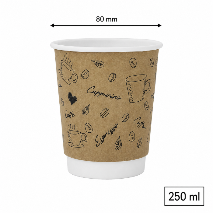Kubek papierowy, termiczny dwuwarstwowy kraft z nadrukiem 250 ml, fi 80 mm- 25 sztuk