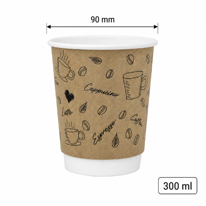 Kubek papierowy, termiczny dwuwarstwowy kraft z nadrukiem 300 ml, fi 90 mm- 25 sztuk