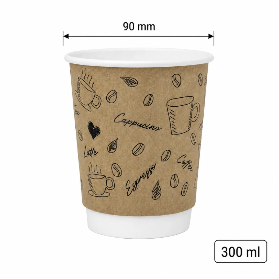 Kubek papierowy, termiczny dwuwarstwowy kraft z nadrukiem 300 ml, fi 90 mm- 25 sztuk