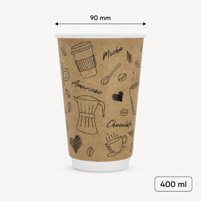 Kubek papierowy, termiczny dwuwarstwowy kraft z nadrukiem 400 ml, fi 90 mm- 20 sztuk