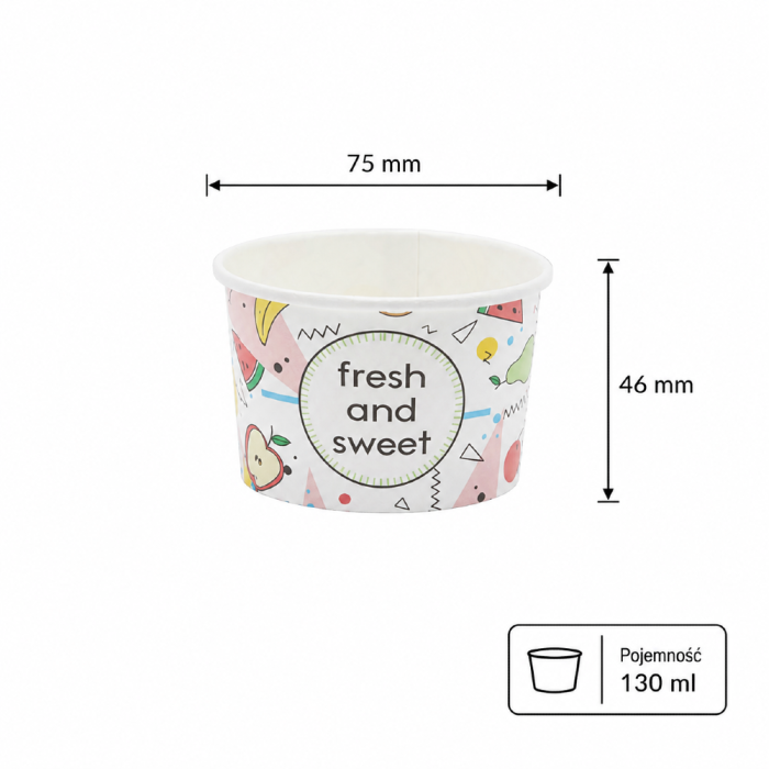 Pojemnik papierowy na lody z kolorowym nadrukiem 130 ml, fi 75 mm - 25 sztuk