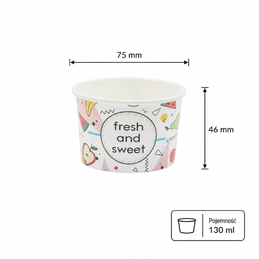 Pojemnik papierowy na lody z kolorowym nadrukiem 130 ml, fi 75 mm - 25 sztuk
