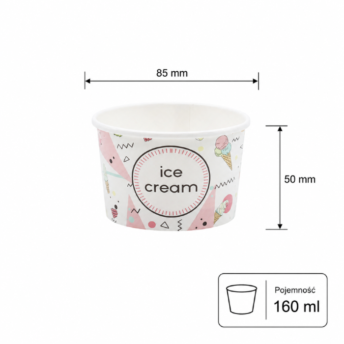 Pojemnik papierowy na lody z kolorowym nadrukiem 160 ml, fi 85 mm - 25 sztuk