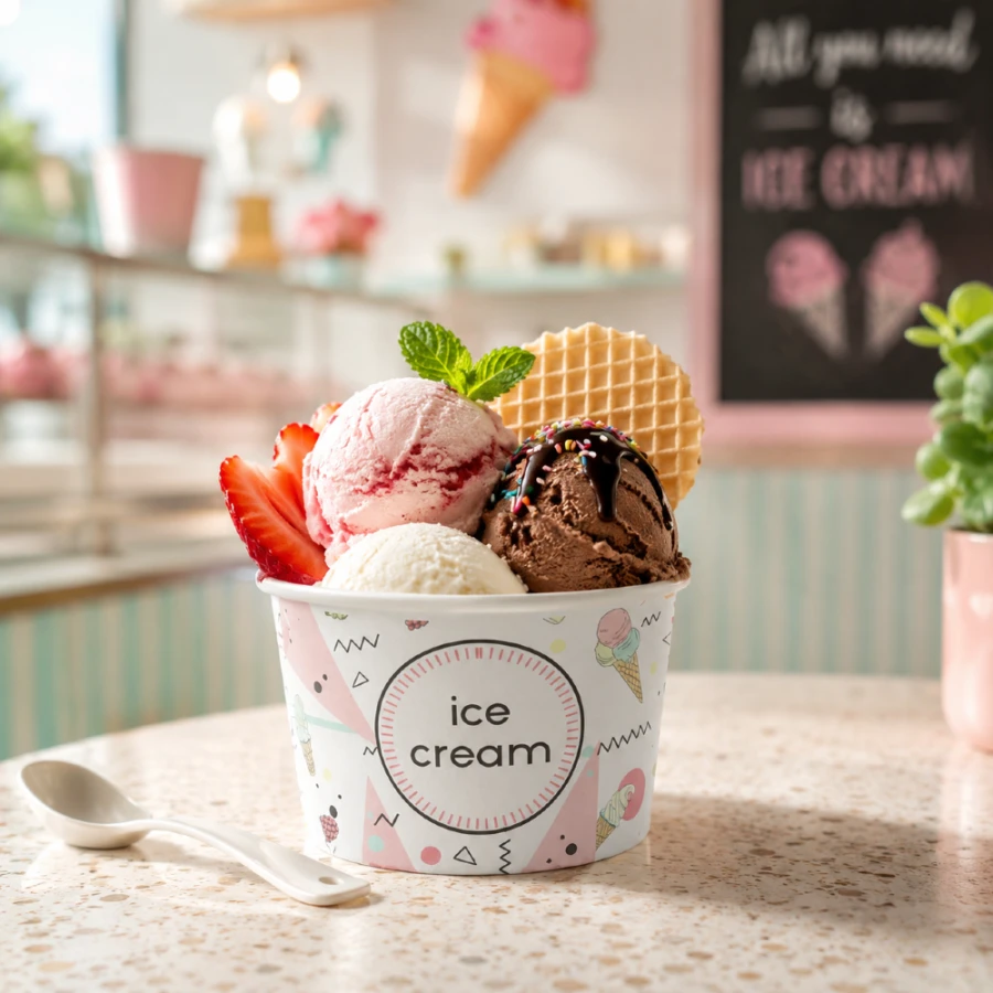 Pojemnik papierowy na lody z kolorowym nadrukiem 160 ml, fi 85 mm - 25 sztuk